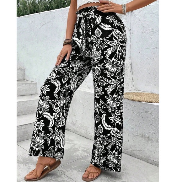 Boho Floral Print High Waisted Stretchy Waist Wide leg Pants - Picture 3 of 9